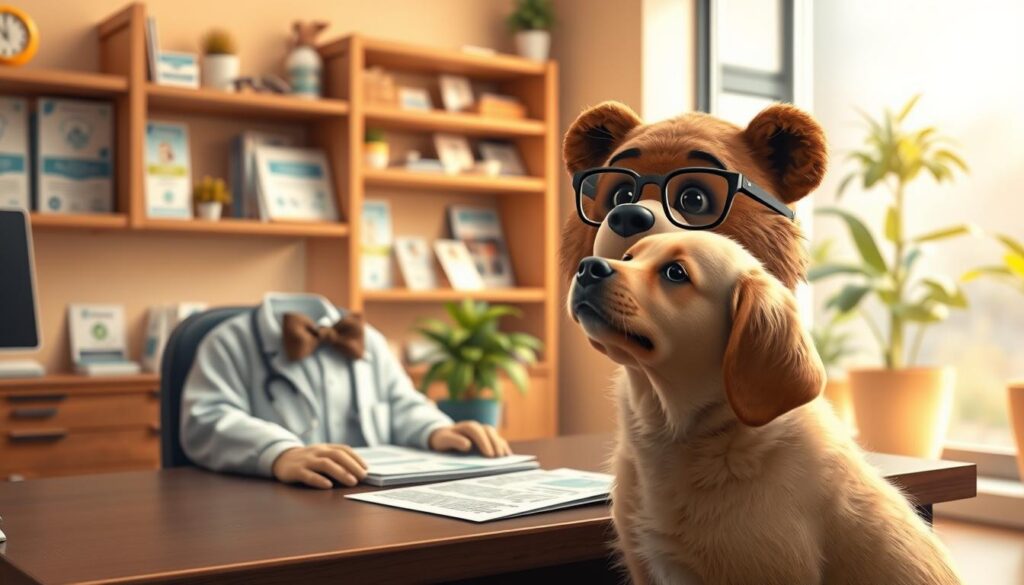 A cozy veterinarian's office scene featuring Will Insure, a friendly bear wearing a smart bowtie and glasses, sitting at a desk with pet health documents spread out. In the foreground, an adorable golden retriever puppy looks up at him, exuding curiosity. In the middle ground, a gentle light filters through a window, softly illuminating shelves filled with pet care items and pamphlets about pet insurance. The background shows a warm, inviting reception area with calming colors and potted plants, enhancing the atmosphere of care and comfort. The overall mood is reassuring and informative, encouraging pet owners to consider insurance for their furry friends. The lighting is soft and natural, giving a sense of hope and security in the financial aspects of pet care. A cozy veterinarian's office scene featuring Will Insure, a friendly bear wearing a smart bowtie and glasses, sitting at a desk with pet health documents spread out. In the foreground, an adorable golden retriever puppy looks up at him, exuding curiosity. In the middle ground, a gentle light filters through a window, softly illuminating shelves filled with pet care items and pamphlets about pet insurance. The background shows a warm, inviting reception area with calming colors and potted plants, enhancing the atmosphere of care and comfort. The overall mood is reassuring and informative, encouraging pet owners to consider insurance for their furry friends. The lighting is soft and natural, giving a sense of hope and security in the financial aspects of pet care.