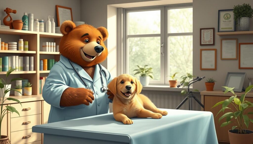 A cozy veterinary clinic scene focusing on pet healthcare needs, showcasing Will Insure, a friendly bear in a light blue veterinarian coat, examining a playful golden retriever puppy on a consultation table. The bear has a gentle smile and a stethoscope around his neck, embodying warmth and trust. In the background, shelves filled with pet care products, medical charts, and framed certifications create a welcoming atmosphere. Soft, natural light filters through a large window, casting gentle shadows, while plants add a touch of greenery. The overall mood is calm and reassuring, encouraging pet owners to consider their furry friends' health needs seriously in the context of rising vet bills. A cozy veterinary clinic scene focusing on pet healthcare needs, showcasing Will Insure, a friendly bear in a light blue veterinarian coat, examining a playful golden retriever puppy on a consultation table. The bear has a gentle smile and a stethoscope around his neck, embodying warmth and trust. In the background, shelves filled with pet care products, medical charts, and framed certifications create a welcoming atmosphere. Soft, natural light filters through a large window, casting gentle shadows, while plants add a touch of greenery. The overall mood is calm and reassuring, encouraging pet owners to consider their furry friends' health needs seriously in the context of rising vet bills.