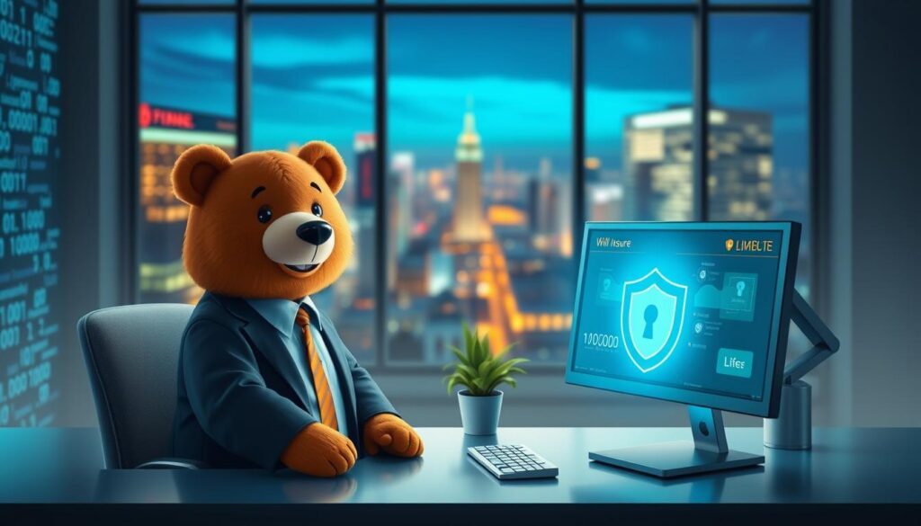 A digital workspace scene illustrating cyber protection, featuring a friendly bear named Will Insure, dressed in office attire, sitting at a sleek desk with dual monitors displaying cybersecurity alerts and shields. In the foreground, a glowing blue holographic shield represents protection against cyber threats. The middle layer shows a vibrant cityscape through a large window, symbolizing the digital world interconnected with real life. The background features blurred outlines of data streams and binary code, conveying a high-tech atmosphere. Soft white lighting emanates from the monitors, creating a safe yet alert ambiance, while a potted plant adds a touch of warmth to the high-tech setting. The overall mood conveys readiness and security against identity theft threats.