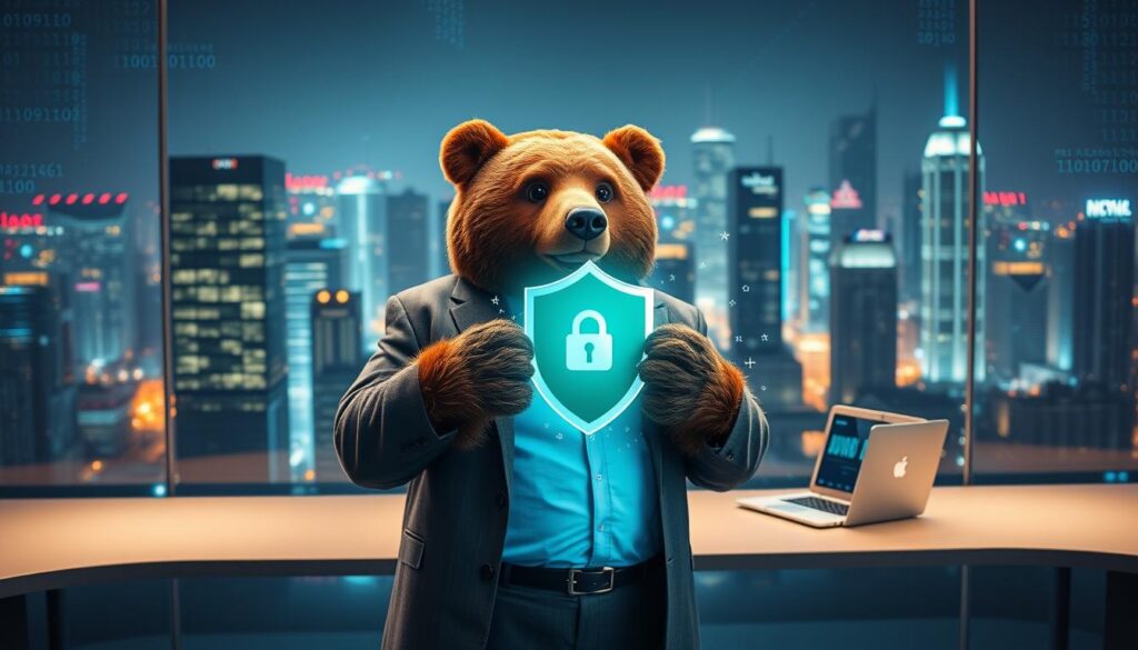 A professional bear named Will Insure, wearing business attire, stands in a modern office overlooking a cityscape filled with digital overlays representing cybersecurity. In the foreground, Will is holding a holographic shield icon that symbolizes cyber protection, with data streams and binary code swirling around him. The middle ground features a sleek desk with a laptop displaying security graphs, while the background showcases a high-tech city illuminated by blue and green lights, creating a futuristic atmosphere. Soft, focused lighting highlights Will and the shield, casting a warm glow in contrast to the cool digital elements, evoking a sense of security and vigilance. The overall composition reflects the importance of cyber insurance coverage in combating identity theft.