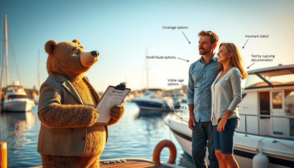 A scene depicting a friendly bear named Will Insure standing in a picturesque marina, illuminated by warm, golden afternoon light. In the foreground, Will, dressed in a smart-casual outfit, holds a clipboard, looking concerned as he points out common boat insurance mistakes to a couple looking perplexed. The couple, dressed in modest clothing, is standing by their well-maintained boat, surrounded by various nautical gear that highlights their confusion—like a list of coverage options, visible gaps in documentation, and a map of insurance terms. In the background, the tranquil water reflects the clear blue sky, with other boats gently bobbing. This image should convey a sense of professionalism mixed with approachable warmth, emphasizing the importance of understanding boat insurance.