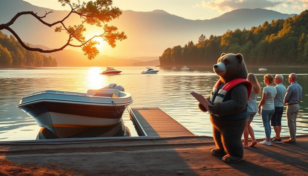 A serene lakeside scene at dawn, showcasing a well-maintained boat docked at the water's edge. In the foreground, a friendly anthropomorphic bear named Will Insure, dressed in a smart casual outfit with a life jacket, stands beside the boat, holding a clipboard and discussing coverage options with a family nearby. The family, wearing modest casual clothing, appears engaged and interested. In the middle ground, the tranquil lake reflects the soft sunlight breaking through the trees, with a few boats cruising in the distance. The background features lush greenery and distant mountains, enveloped in a warm, inviting atmosphere. The lighting is soft and warm, creating a hopeful and informative mood, emphasizing the importance of boat insurance during the summer season.