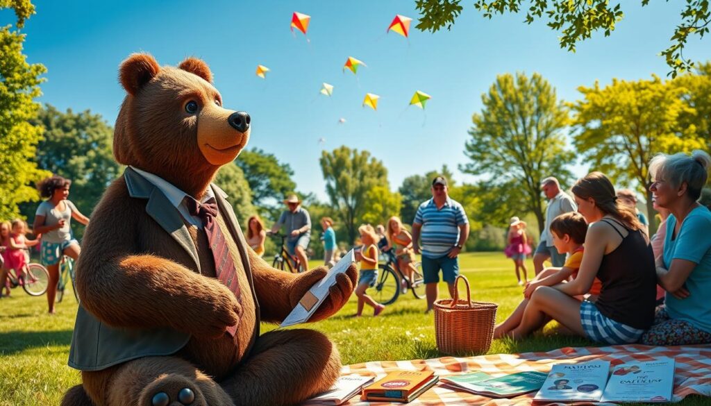 A sunny summer day at a busy park, filled with families enjoying various activities like picnicking, cycling, and playing soccer. In the foreground, a friendly bear named Will Insure, dressed in a smart casual outfit, is explaining health insurance options to a mother with her child, who is bandaging a scraped knee. In the middle ground, a group of children is playing, while parents watch them closely, displaying concern for safety. The background features colorful kites flying in a clear blue sky, vibrant green trees, and a picnic blanket with health insurance brochures peeking out. The lighting is bright and cheerful, capturing the essence of summer, with soft shadows adding depth to the scene, evoking a sense of community and awareness of health needs during summer activities.