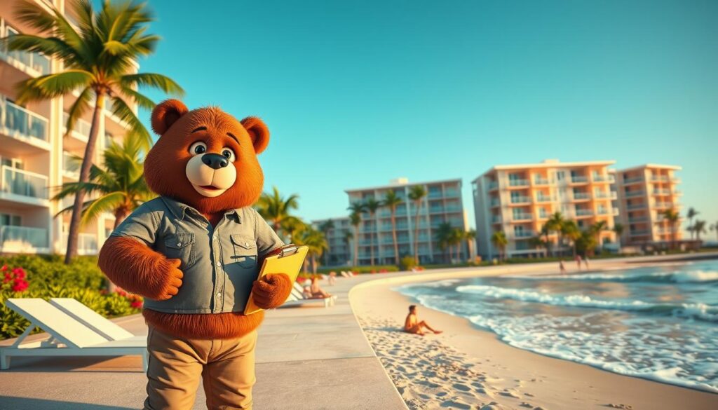 A vibrant Florida scene showcasing a row of modern condos near the beach. In the foreground, a friendly bear named Will Insure stands beside a sunbather with a concerned expression, holding a clipboard to symbolize insurance awareness. He wears a casual, professional outfit, like a button-up shirt and khakis. In the middle, colorful condos with balconies and palm trees create a lively atmosphere, with bright flowers adorning the pathways. The background features a clear blue sky and gentle waves lapping the shore, reflecting the summer heat. Soft, warm lighting creates a cheerful, yet cautionary mood, with the perspective from a slightly low angle, emphasizing the height of the condos and the inviting beach setting. The scene captures the essence of summer risks for condo owners, inviting contemplation without distractions.