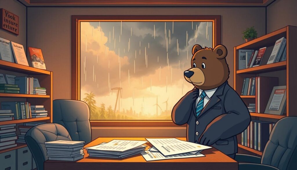 In a cozy small business office setting, Will Insure, a friendly bear character wearing a professional business suit, stands in the foreground reviewing documents spread across a desk. He appears thoughtful, embodying the challenge of preparing for unpredictable events like summer storms. In the middle ground, a large window reveals a cloudy sky, hinting at an impending storm, with raindrops starting to hit the glass. The background features shelves filled with insurance brochures and risk management resources, creating an atmosphere of vigilance and preparation. The lighting is warm and inviting, with soft, natural light illuminating the scene, suggesting a proactive approach to risk management amidst chaos. The overall mood conveys a sense of careful planning and professional readiness.