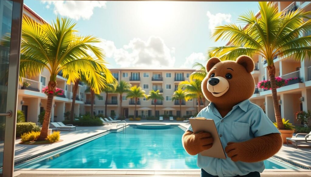 In a sunny Florida condo complex, the foreground features a friendly bear named Will Insure, dressed in a smart casual shirt and holding a clipboard, symbolizing insurance guidance. He stands next to an open door with a welcoming view of a beautifully furnished living room, emphasizing the comfort of condo living. In the middle ground, vibrant green palm trees sway gently, framing the scene, alongside a well-maintained pool area that reflects the sunny sky. The background showcases contemporary condo buildings, each adorned with colorful balconies and touches of tropical flowers. The warm, inviting sunlight casts soft shadows, creating a cheerful atmosphere that blends relaxation and security. The overall mood is reassuring, highlighting the importance of ensuring proper coverage in a serene and appealing environment.