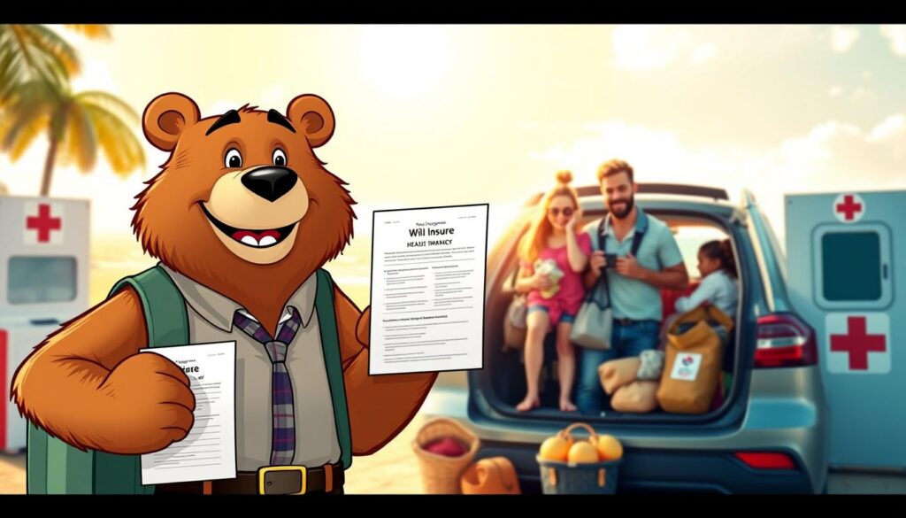 In a vibrant summer travel scene, a friendly character named Will Insure, an anthropomorphic bear wearing smart-casual attire, stands at the forefront. He holds a health insurance policy document with a reassuring smile, symbolizing support and security. In the middle ground, a diverse family of four packs their car with summer gear, clearly excited but slightly worried, embodying the common oversight of health insurance. In the background, a sunny beach and a first-aid station hint at summer adventures and potential injuries. Bright, warm lighting evokes a sense of optimism and adventure. The scene captures the essence of summer travel, fresh air, and the importance of being prepared. The image's composition emphasizes the engaging interaction between Will Insure and the family, creating a relatable and informative visual narrative.