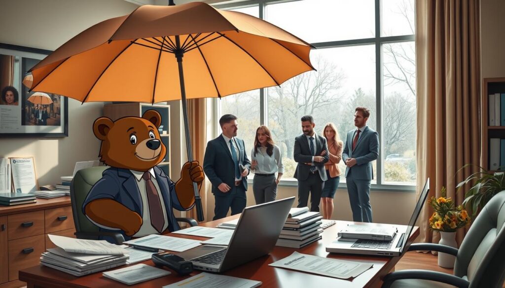 In a visually engaging office environment, a character named Will Insure, a friendly cartoon bear in smart business attire, stands thoughtfully at a desk cluttered with insurance papers and a laptop. In the foreground, a large umbrella symbolizes coverage, providing shelter over the desk. In the middle ground, a group of affluent families, dressed in professional business attire, are engaged in a serious discussion about umbrella insurance benefits, looking concerned yet hopeful. The background features a window showing a gloomy fall day outside, suggesting the need for protection against unexpected events. Soft, natural lighting illuminates the scene, creating a warm and inviting atmosphere, while a wide-angle lens captures the entire setting, highlighting the importance of understanding insurance myths.