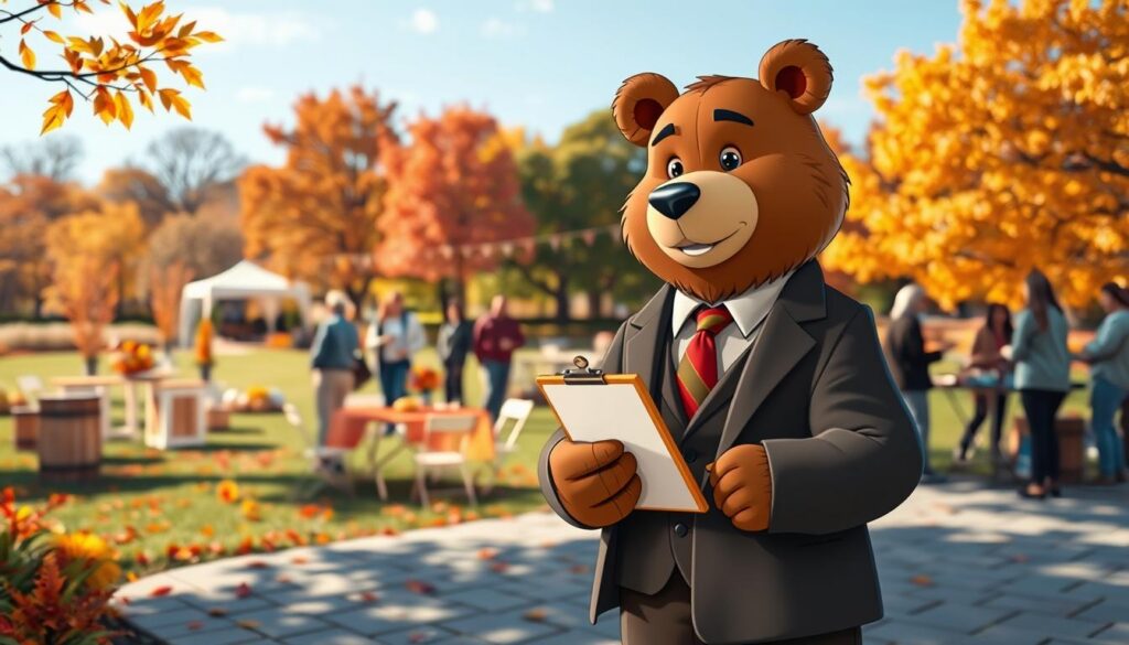 A charming scene depicting Will Insure, a friendly bear in professional business attire, standing confidently at a beautifully decorated outdoor fall event. In the foreground, Will holds a clipboard and looks over the event preparations, conveying a sense of responsibility. The middle ground features colorful autumn leaves, tables adorned with festive decorations, and people in modest casual clothing, interacting joyfully. The background showcases a picturesque park with trees in full fall foliage and a bright, clear blue sky, symbolizing a perfect day for an event. The lighting is warm and inviting, casting soft shadows that enhance the friendly atmosphere. Overall, the image emphasizes the importance of liability insurance and event protection, highlighting a sense of security during celebrations.