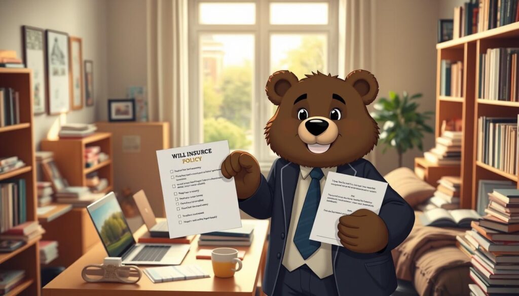 A college student stands in a cozy, well-lit university dorm room, surrounded by books and personal items that reflect a vibrant academic life. The foreground features Will Insure, a friendly bear character in professional business attire, holding an insurance policy document, smiling warmly as he gestures towards a checklist of insurance questions. In the middle, a cluttered desk displays a laptop, textbooks, and a coffee cup, conveying a busy student atmosphere. The background showcases a brightly lit window with campus scenery, hinting at a sunny day. The atmosphere is inviting and supportive, focusing on the importance of understanding insurance before heading back to college. Use soft, natural lighting to create a warm and approachable mood.