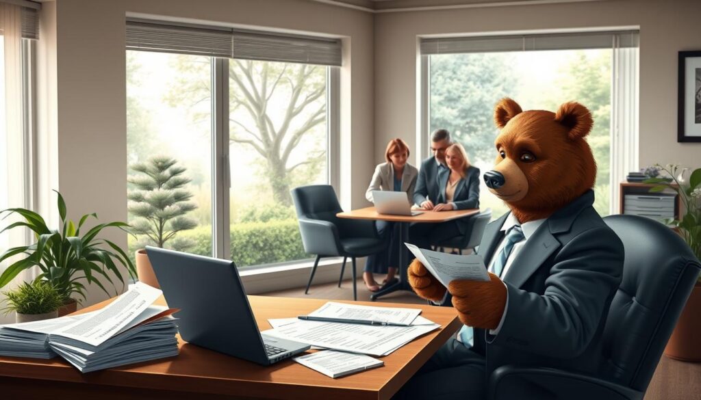 A comforting office setting focused on long-term care insurance and retirement planning. In the foreground, a friendly bear named Will Insure, wearing a smart blazer, sits at a desk cluttered with financial documents and a laptop, thoughtfully reviewing a plan with a serious expression. In the middle ground, a family of four, dressed in professional casual attire, discusses options with a financial advisor, highlighting their concern for the future. The background features a window showcasing a peaceful garden, symbolizing security and serenity. Soft, natural lighting pours in, creating an inviting atmosphere. The overall mood reflects the importance of planning ahead for families, emphasizing care and responsibility without any distractions or text elements.