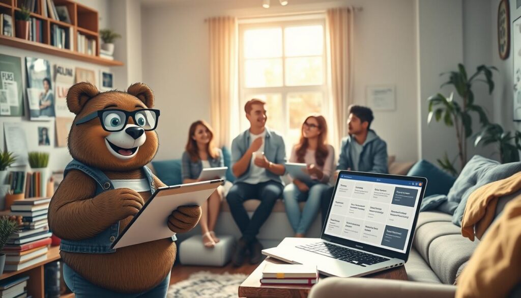 A cozy college apartment living room, featuring a student-friendly environment filled with books, snacks, and personal items. In the foreground, a friendly bear named Will Insure, wearing glasses and a smart casual outfit, stands beside a clipboard, smiling and gesturing towards a laptop displaying simulated renter's insurance options. In the middle ground, a group of diverse college students, casually dressed, are engaging in a discussion about the importance of renter’s insurance, with animated expressions and thoughtful gestures. The background shows a neatly decorated room with posters, plants, and a window allowing warm, soft sunlight to pour in, creating a welcoming and informative atmosphere. The scene conveys a sense of security and collaboration, emphasizing the value of renter's insurance for college students.