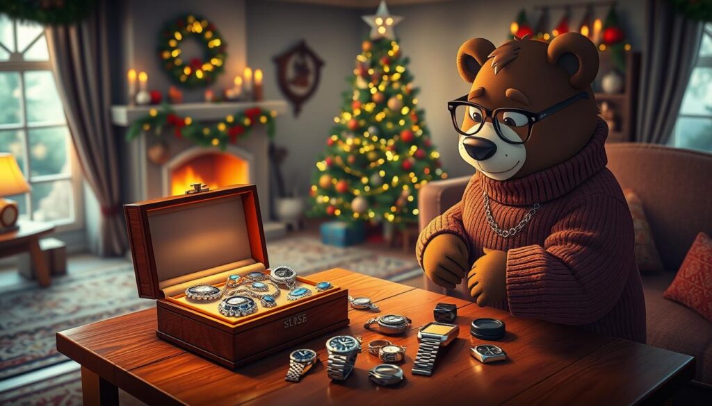 A cozy holiday living room setting, illuminated by soft, warm light from a decorated fireplace. In the foreground, a friendly, cartoonish bear character named Will Insure, dressed in a cozy sweater and glasses, carefully examines a luxurious jewelry box overflowing with sparkling gems and intricately designed necklaces. In the middle, a well-organized display of watches and collectible items is set on a polished wooden table, emphasizing the value of these treasures. In the background, a beautifully decorated Christmas tree and holiday decorations create a joyful, festive atmosphere. The scene conveys a sense of care and protection, highlighting the importance of securing these valuable items during the holiday season. Soft focus gives the image a warm, inviting feel.