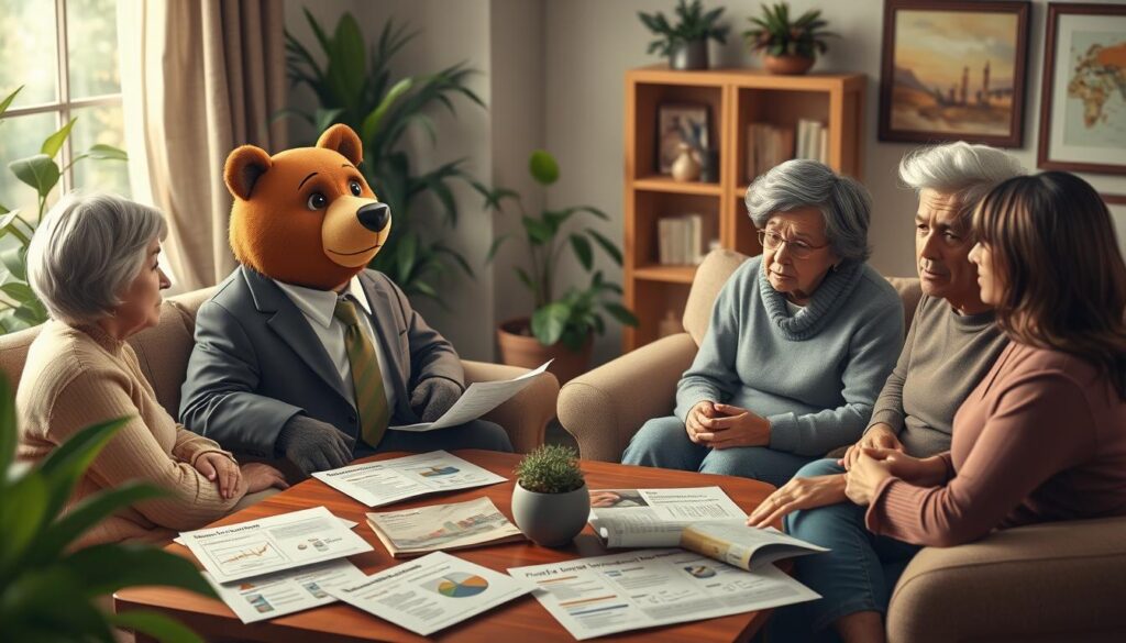 A cozy living room setting where a kind bear named Will Insure, dressed in a neat business suit, is sitting at a coffee table with a concerned family. The bear has a warm, reassuring expression as he discusses various types of long-term care insurance policies. Surrounding them, informational brochures and charts are scattered, showcasing illustrations of different insurance policy structures. Soft, natural lighting filters in through a nearby window, highlighting the family's thoughtful expressions and the bear's friendly demeanor. The background features plants and cozy furniture, creating an inviting atmosphere that emphasizes the importance of family discussions about financial planning. The overall mood is calm and supportive, encouraging open dialogue about long-term care.