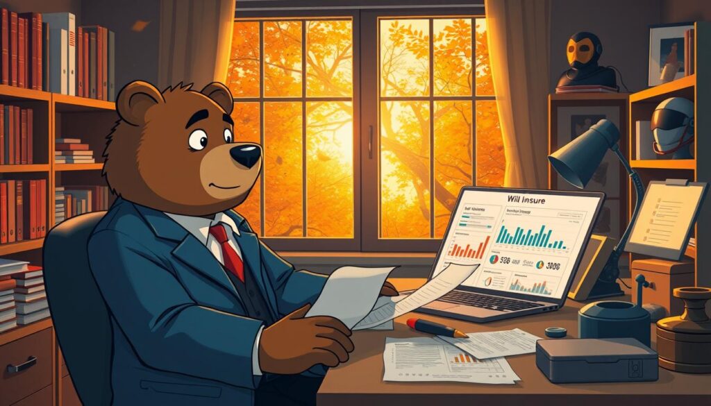 A cozy small business office environment, featuring a concerned business owner sitting at a desk, reviewing documents related to cybersecurity risk assessment. The foreground showcases a character named Will Insure, a friendly bear dressed in a professional blazer, emphasizing a reassuring presence. In the middle, a laptop displays graphs and charts illustrating data breaches and risks. Surrounding shelves contain cybersecurity books and protective gear, symbolizing preparation. The background features a window with a autumn scenery, casting warm orange and golden sunlight, creating a sense of urgency and awareness. The overall mood conveys concern with a hopeful undertone, encouraging proactive measures against cyber threats. No text or branding elements are included.