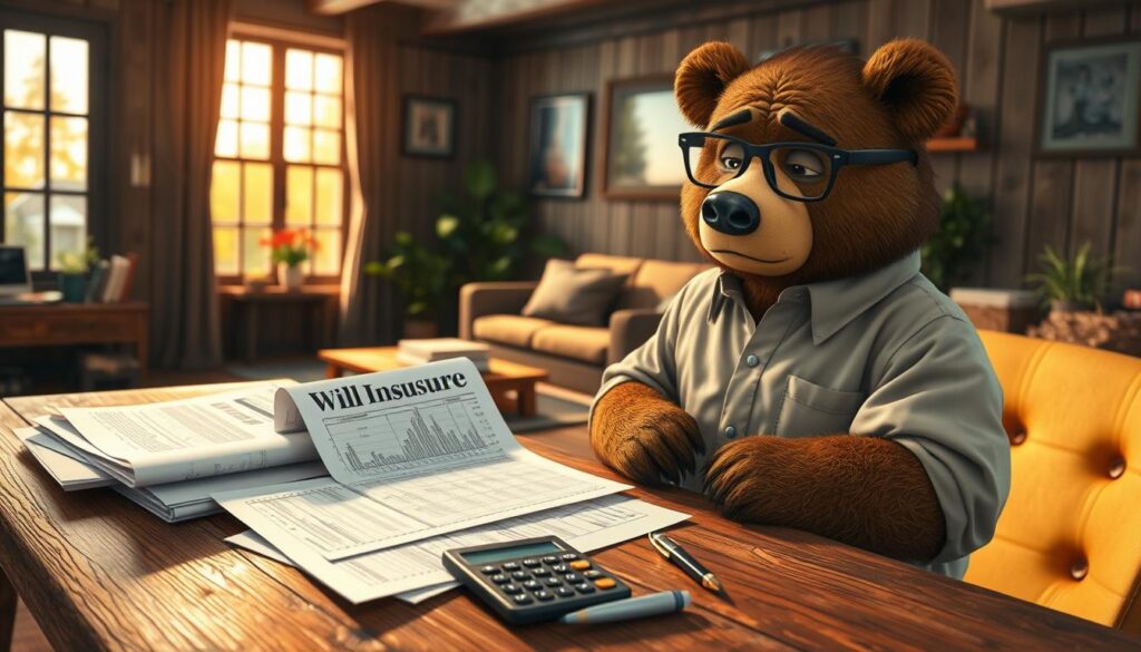 A cozy, well-furnished rental property interior with a friendly bear named Will Insure wearing a neat button-up shirt and glasses, looking concerned while examining rental property insurance documents. In the foreground, a stack of insurance papers is scattered on a rustic wooden table, with a calculator and a pen beside them, highlighting the stress landlords face. In the middle ground, there’s a window showing a sunny day outside, casting warm light onto the scene, creating a feeling of mixed concern and optimism. In the background, a cozy living room with a sofa and potted plants conveys a homey atmosphere. The overall mood is serious yet approachable, emphasizing the importance of understanding insurance to avoid costly mistakes.