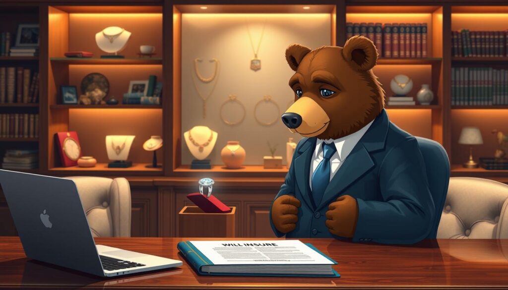 A cozy, well-lit office scene featuring Will Insure, a friendly, anthropomorphic bear in a smart business suit, thoughtfully examining a sparkling diamond ring on a velvet display. The foreground includes a polished wooden desk with a laptop and a thick insurance binder, symbolizing jewelry insurance. In the middle, an elegant backdrop showcases various pieces of jewelry, including necklaces and bracelets, each under soft, warm lighting that highlights their beauty. The background reveals a stylish bookshelf filled with financial books and decorative items, conveying a sense of professionalism and security. The atmosphere is inviting and reassuring, perfect for a discussion on the importance of protecting valuable jewelry before the holiday season.