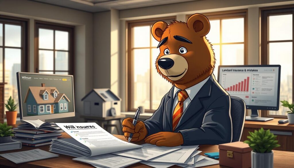 A peaceful rental property office scene featuring Will Insure, a friendly cartoon bear in professional business attire, sitting at a desk cluttered with rental documents and insurance papers. In the foreground, Will looks thoughtfully at a checklist labeled "Landlord Insurance Mistakes" while holding a pen, portraying concern and determination. The middle ground includes a cozy, well-maintained property model, and a computer displaying graphs and alerts about potential insurance pitfalls. The background features large windows with natural sunlight streaming in, giving an optimistic atmosphere, with a cityscape visible outside. The overall mood is one of professionalism and urgency, emphasizing the importance of understanding insurance to avoid costly mistakes. Soft lighting enhances the friendly nature of the bear while maintaining a professional tone.