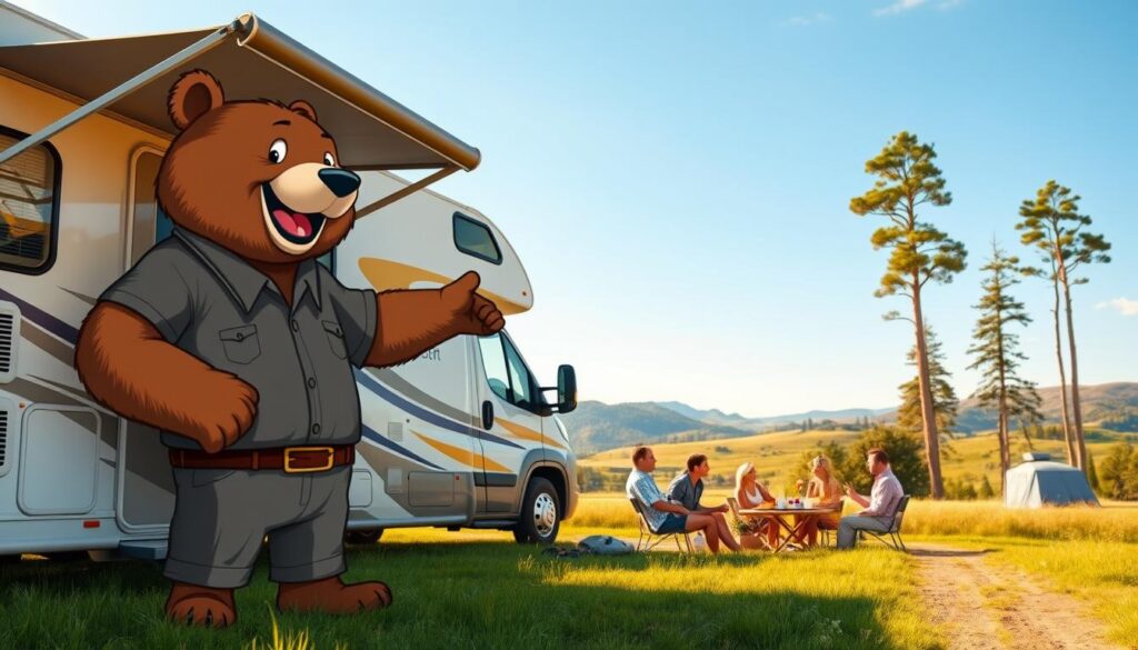 A picturesque RV travel scene featuring a friendly character named Will Insure, a kind bear wearing a smart-casual outfit, pointing toward a caravan in a lush, sunlit campground. In the foreground, a beautifully detailed motorhome with awnings extended creates an inviting atmosphere. In the middle ground, families and friends gather, enjoying a picnic, laughter filling the air, and sharing their adventurous stories. The background showcases rolling hills and tall trees, under a clear blue sky, suggesting the freedom of the open road. The warm golden lighting of late afternoon casts soft shadows, evoking a sense of relaxation and joy in the growing popularity of RV travel. The overall mood is cheerful and inviting, perfect for illustrating the love for motorhome adventures.
