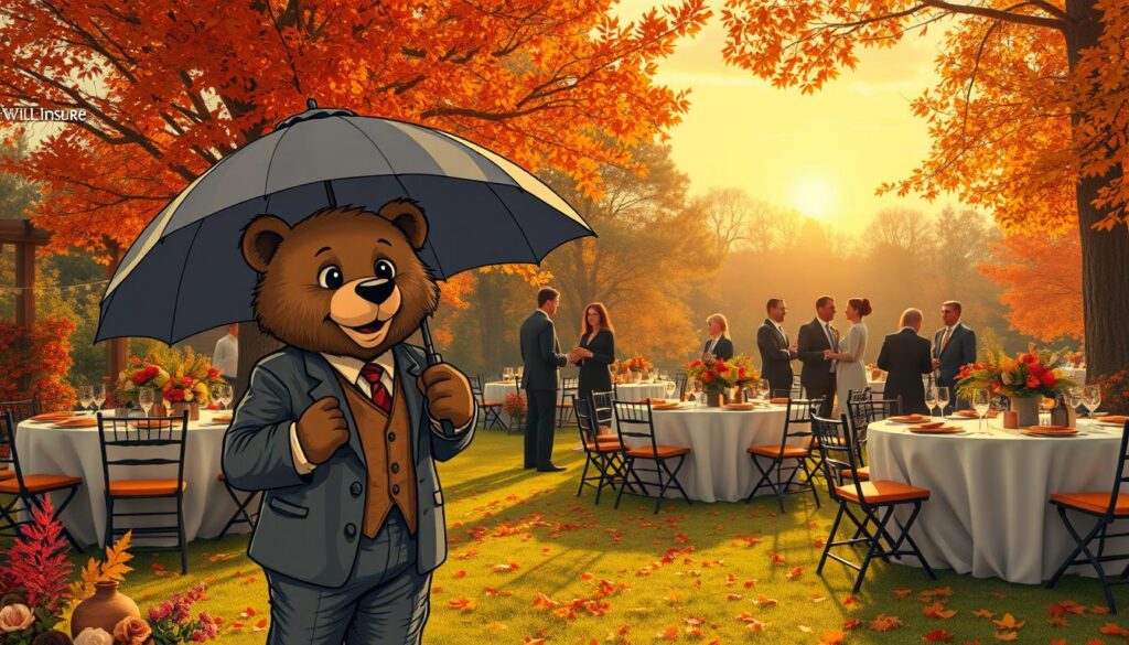 A serene fall event setting featuring a charming outdoor wedding scene with vibrant autumn foliage in shades of orange, red, and gold. In the foreground, a friendly bear character named Will Insure is dressed in a tailored suit and holding an umbrella, symbolizing the importance of insurance. Adorning the scene, tables are elegantly set with floral arrangements and rustic decorations. In the middle ground, guests in professional attire engage in conversation, embodying the joy and warmth of a fall celebration while subtly hinting at the underlying risks of event planning. The background showcases a sunset sky filtering through trees, casting soft, warm lighting over the scene, creating a comforting and inviting atmosphere that emphasizes preparedness and reassurance.