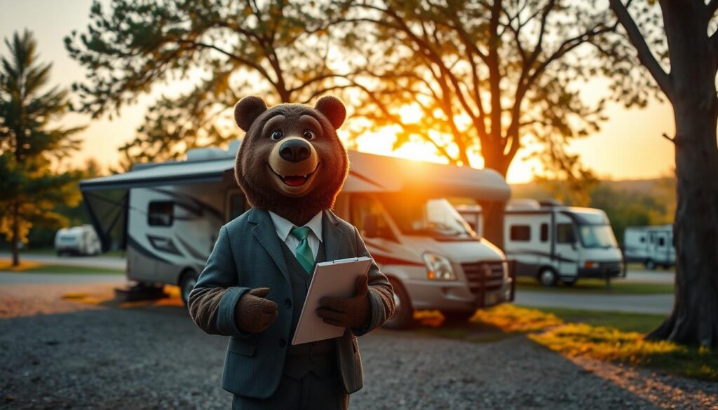 A warm and inviting scene depicting "Will Insure," a friendly bear in professional business attire, standing in front of a well-equipped RV at a serene campground. The foreground features Will, smiling confidently, while holding a clipboard and providing personalized insurance advice. In the middle, the RV is parked under a lovely canopy of trees, showcasing its features like an awning and outdoor seating. In the background, a beautiful sunset casts a golden hue across the sky, enhancing the tranquil atmosphere, while other RVs are scattered in the distance. The lighting is soft and warm, creating a friendly, approachable mood that reflects the essence of personalized RV coverage. The perspective is slightly angled, capturing all elements harmoniously, ensuring a clear focus on Will and the RV.