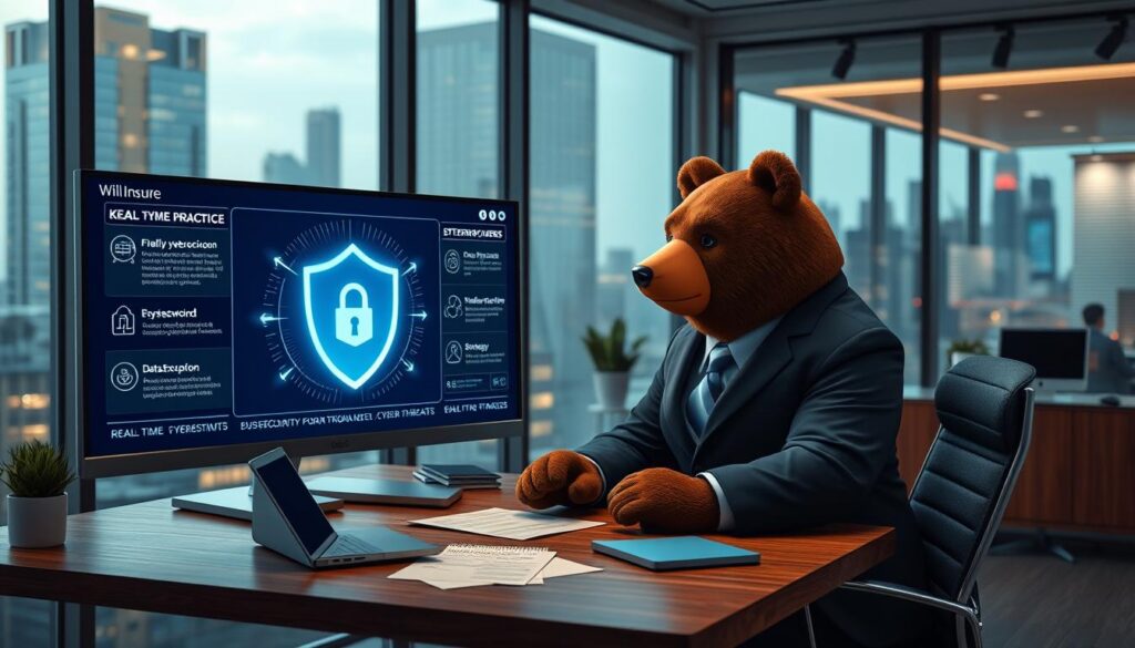 In a modern, sleek office setting, a kind bear named Will Insure, dressed in a smart business suit, is attentively analyzing digital security data on multiple screens showing real-time cyber threats. In the foreground, a large monitor displays a protective shield symbol, surrounded by key cybersecurity practices illustrated as glowing icons—firewalls, password protection, and data encryption. In the middle, we see a stylish wooden desk with a laptop, papers, and cybersecurity strategy notes scattered around. The background features a large window revealing a bustling cityscape, symbolizing the fast-paced world small businesses operate in. Soft, ambient lighting enhances the professional yet inviting atmosphere of the scene, with a slightly blurred focus on the background to draw attention to the bear and his cybersecurity efforts.