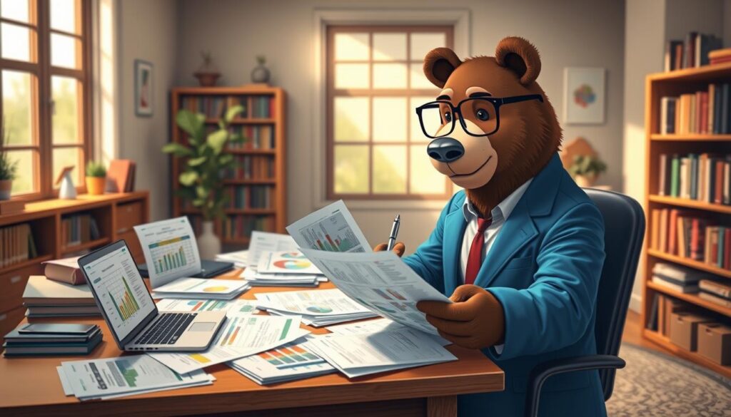 A cozy, modern office setting serves as the backdrop, featuring a large wooden desk cluttered with health insurance documents, colorful charts, and a laptop displaying a comparison of insurance plans. In the foreground, a friendly, anthropomorphic bear named Will Insure, dressed in a smart blue blazer and glasses, thoughtfully examines a variety of brochures while holding a pen, symbolizing the process of evaluating health insurance options. Soft, natural light filters through a large window, casting a warm glow across the room, creating a calm and inviting atmosphere. In the background, a bookshelf is filled with books on insurance and health, enhancing the professional feel. The overall mood is one of diligent consideration and empowerment, encouraging viewers to engage with health insurance during open enrollment.
