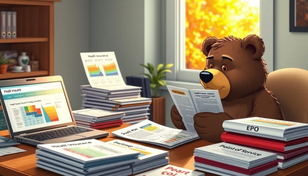 A friendly bear named Will Insure sits at a desk covered in colorful health insurance brochures and charts, representing various types of coverage available. In the foreground, he examines a detailed document with a thoughtful expression, while a laptop displays a health insurance comparison site. The middle ground features neatly organized stacks of pamphlets labeled 'HMO,' 'PPO,' 'EPO,' and 'Point of Service,' creating a sense of accessibility in understanding different coverage options. In the background, a window shows a warm, sunny autumn day, enhancing the atmosphere of preparedness and insight. Soft, natural lighting illuminates the scene, creating a welcoming vibe. The image conveys a sense of helpfulness and clarity in navigating insurance choices, ideal for a resourceful insurance checklist article.
