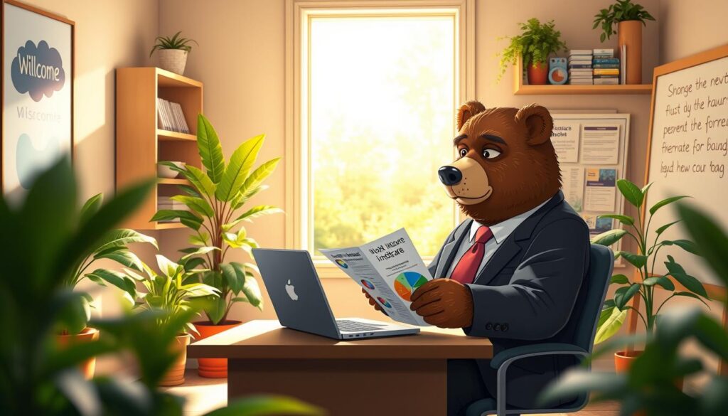 A welcoming office setting, with a character named Will Insure, a wise and friendly bear, seated at a desk, reviewing health insurance options on a laptop. The foreground features Will in professional attire, thoughtfully analyzing colorful charts and brochures about Medicare plans, surrounded by houseplants. In the middle, a sunlit window displays a bright, inviting view of a serene garden, enhancing the atmosphere of optimism. The background includes shelves filled with neatly organized insurance brochures and a whiteboard with handwritten notes, symbolizing important considerations for new coverage options. Soft, natural lighting creates an inviting and professional mood, with a shallow depth of field to draw focus on Will and the plans. A welcoming office setting, with a character named Will Insure, a wise and friendly bear, seated at a desk, reviewing health insurance options on a laptop. The foreground features Will in professional attire, thoughtfully analyzing colorful charts and brochures about Medicare plans, surrounded by houseplants. In the middle, a sunlit window displays a bright, inviting view of a serene garden, enhancing the atmosphere of optimism. The background includes shelves filled with neatly organized insurance brochures and a whiteboard with handwritten notes, symbolizing important considerations for new coverage options. Soft, natural lighting creates an inviting and professional mood, with a shallow depth of field to draw focus on Will and the plans.