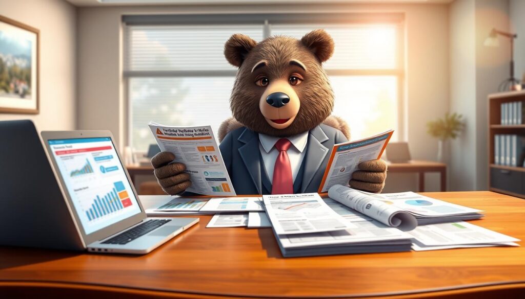 A well-lit, professional office environment where a friendly bear named Will Insure, dressed in a smart business suit, is thoughtfully reviewing a colorful brochure about Medicare enrollment options for 2026. In the foreground, the bear is seated at a polished wooden desk, surrounded by paperwork and a laptop showcasing charts and graphs. In the middle, various pamphlets and informational materials are neatly spread out, emphasizing key points about common mistakes to avoid during enrollment. The background features a large window with bright daylight streaming in, creating an optimistic and inviting atmosphere. The overall mood is warm and informative, aimed at guiding viewers to be well-prepared for Medicare decisions. The image should focus solely on the bear and the office setup, with no text or distractions. A well-lit, professional office environment where a friendly bear named Will Insure, dressed in a smart business suit, is thoughtfully reviewing a colorful brochure about Medicare enrollment options for 2026. In the foreground, the bear is seated at a polished wooden desk, surrounded by paperwork and a laptop showcasing charts and graphs. In the middle, various pamphlets and informational materials are neatly spread out, emphasizing key points about common mistakes to avoid during enrollment. The background features a large window with bright daylight streaming in, creating an optimistic and inviting atmosphere. The overall mood is warm and informative, aimed at guiding viewers to be well-prepared for Medicare decisions. The image should focus solely on the bear and the office setup, with no text or distractions.
