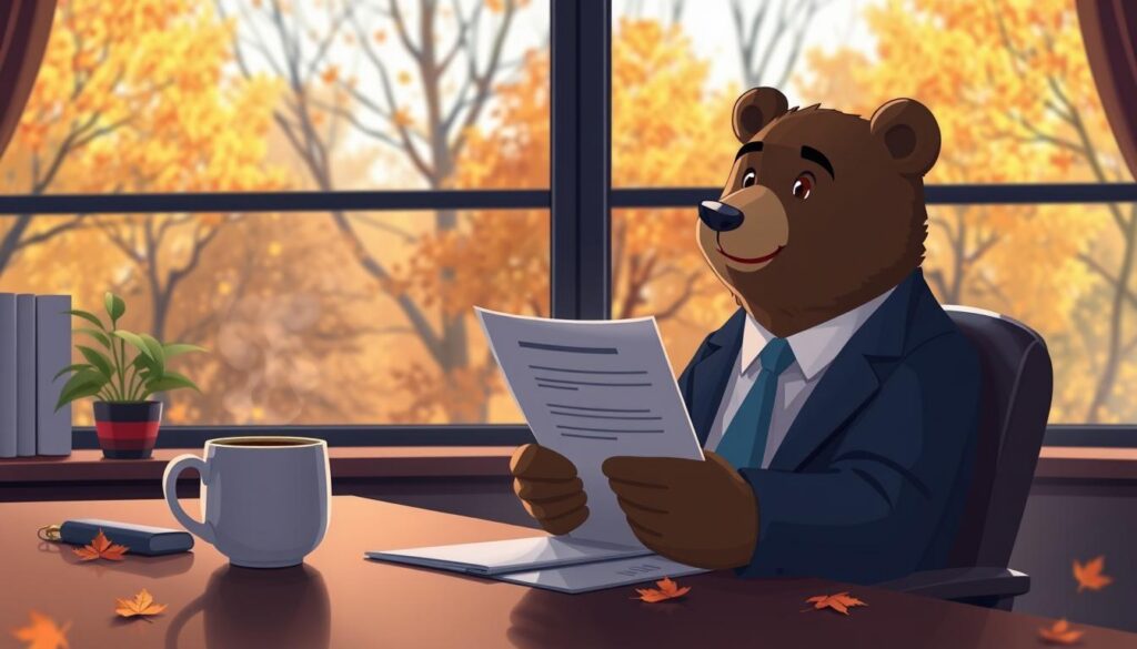 A cozy and inviting office scene set during autumn, with fallen leaves visible through a large window. In the foreground, a friendly bear named Will Insure, wearing professional business attire, sits at a desk, thoughtfully reviewing disability insurance documents. His expression is warm and approachable, conveying trust. In the middle ground, there’s a coffee mug with a comforting steam rising above it, and a small plant adding a touch of nature. In the background, the window showcases a vibrant fall landscape, with trees in shades of orange and yellow. Soft, natural lighting gently illuminates the scene, creating an atmosphere of security and reassurance. The overall mood should be calm and professional, emphasizing the importance of planning for the future and protecting one’s paycheck.
