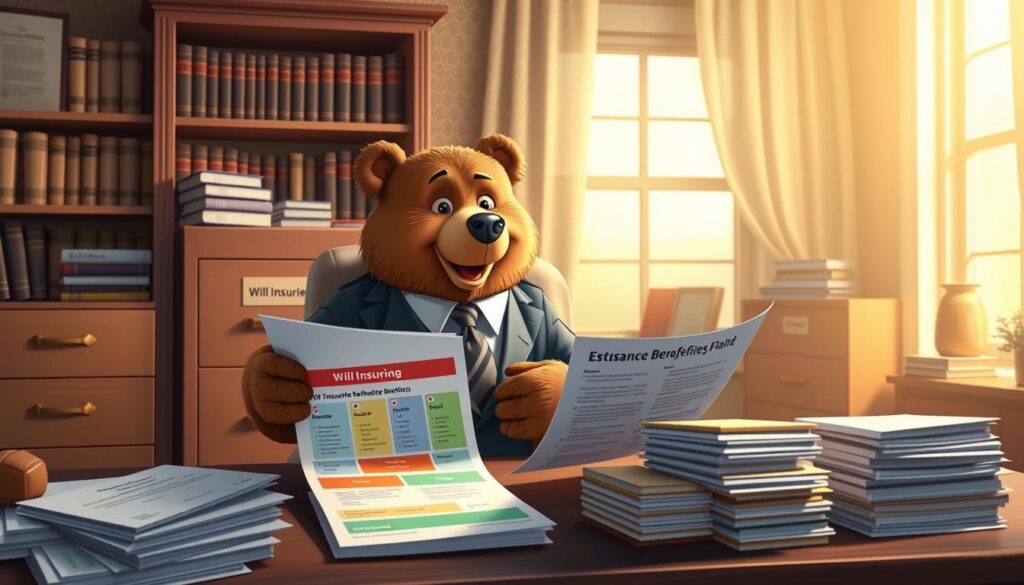 A cozy office setting features a friendly, anthropomorphic bear named Will Insure, dressed in professional attire, sitting at a desk strewn with documents related to life insurance beneficiaries and estate planning. In the foreground, he reviews a colorful chart detailing beneficiary options, exuding a sense of trust and warmth. The middle ground displays a neatly organized filing cabinet labeled "Estate Planning" with visible folders, while a bookshelf filled with financial books serves as the backdrop, reinforcing the theme of legal considerations. Soft, natural light filters through a window, creating a calm and inviting atmosphere, suggesting professionalism and security in financial planning. The overall mood conveys care and attentiveness toward ensuring one's loved ones are protected through thoughtful planning.