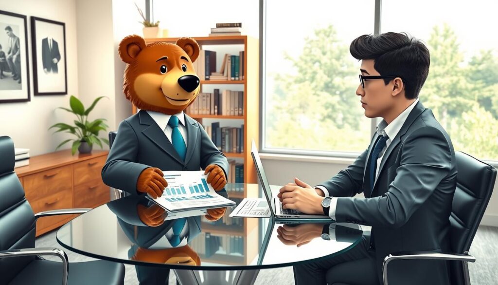 A professional, modern office environment reflecting the theme of life insurance planning. In the foreground, a kind anthropomorphic bear named Will Insure, wearing a smart business suit, is attentively discussing financial strategies with a concerned individual dressed in business casual. In the middle, a stylish glass table holds documents and a laptop with charts depicting insurance options. The background features a well-organized bookshelf filled with financial books and a large window allowing soft natural light to fill the room, creating a warm and inviting atmosphere. The overall mood is supportive and reassuring, highlighting the importance of life insurance in financial stability and planning. The angle captures the conversation from a slightly elevated perspective, ensuring both characters are prominently visible.