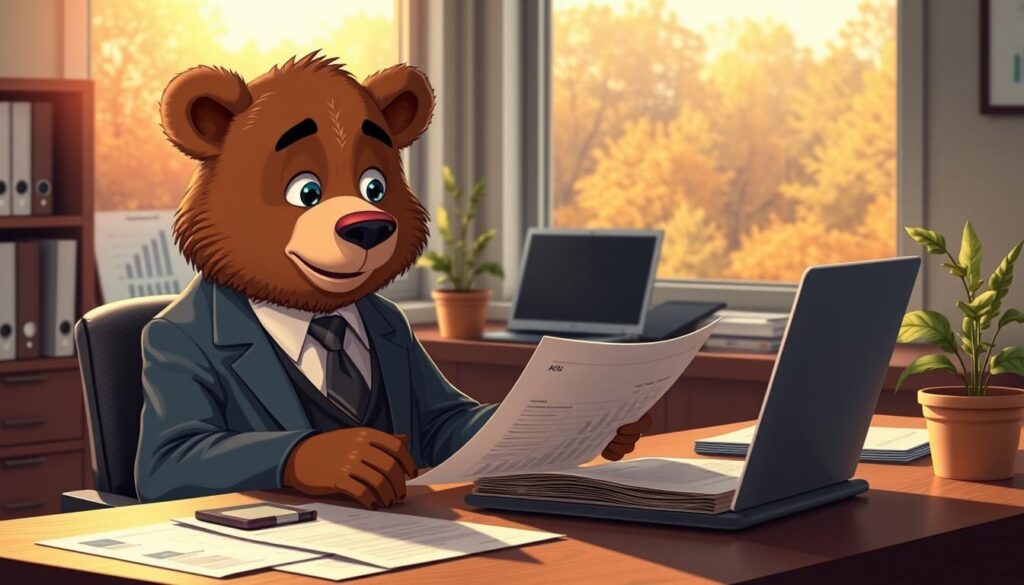 A professional setting illustrating the importance of disability insurance evaluation. In the foreground, a kind bear named Will Insure, dressed in a smart business suit, sits at a desk with a focused expression, reviewing documentation related to disability insurance policies. The middle ground features a neatly organized office space with a laptop, financial charts, and a cozy plant. In the background, a window showcases a soft autumn landscape with colorful leaves, highlighting the fall season. The lighting is warm and inviting, creating an atmosphere of assurance and professionalism. The image captures the essence of evaluating crucial insurance coverage while emphasizing the importance of financial protection.